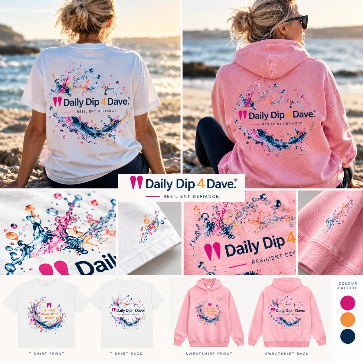 Mood board for the white wave tee and the snow-washed pink hoodie: back graphics worn on the beach, close-ups, front and back views and colour palette