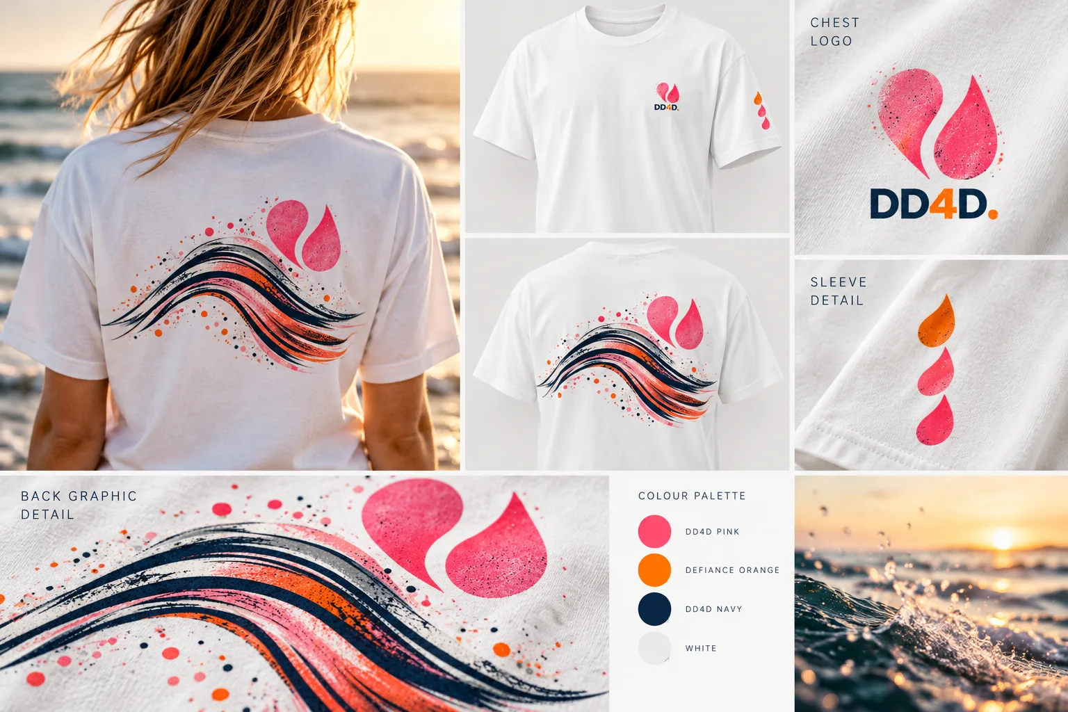 Design sheet for the white wave tee: back graphic, chest logo, sleeve droplets and colour palette