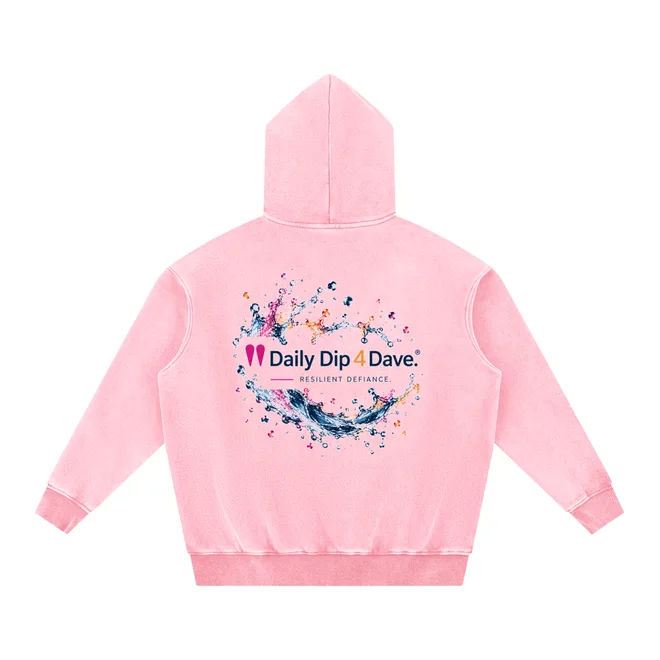 The snow-washed oversized hoodie in pink, back view with the Daily Dip 4 Dave splash graphic