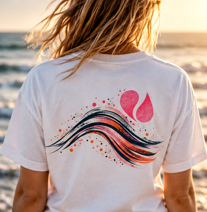 Mock-up of the wave tee in white, back view at the beach